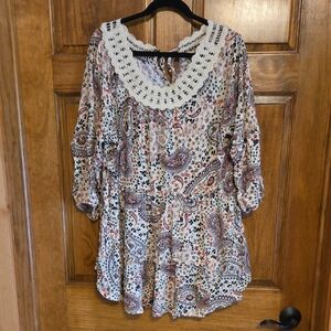 NWT Torrid Multicolor Paisley Blouse with Crochet Neckline Size 2
